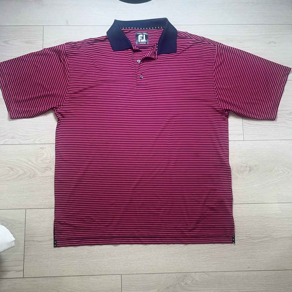 Footjoy FJ Shirt Mens XL Pink Navy Stripe Casual Performance Golf Polo Stretch